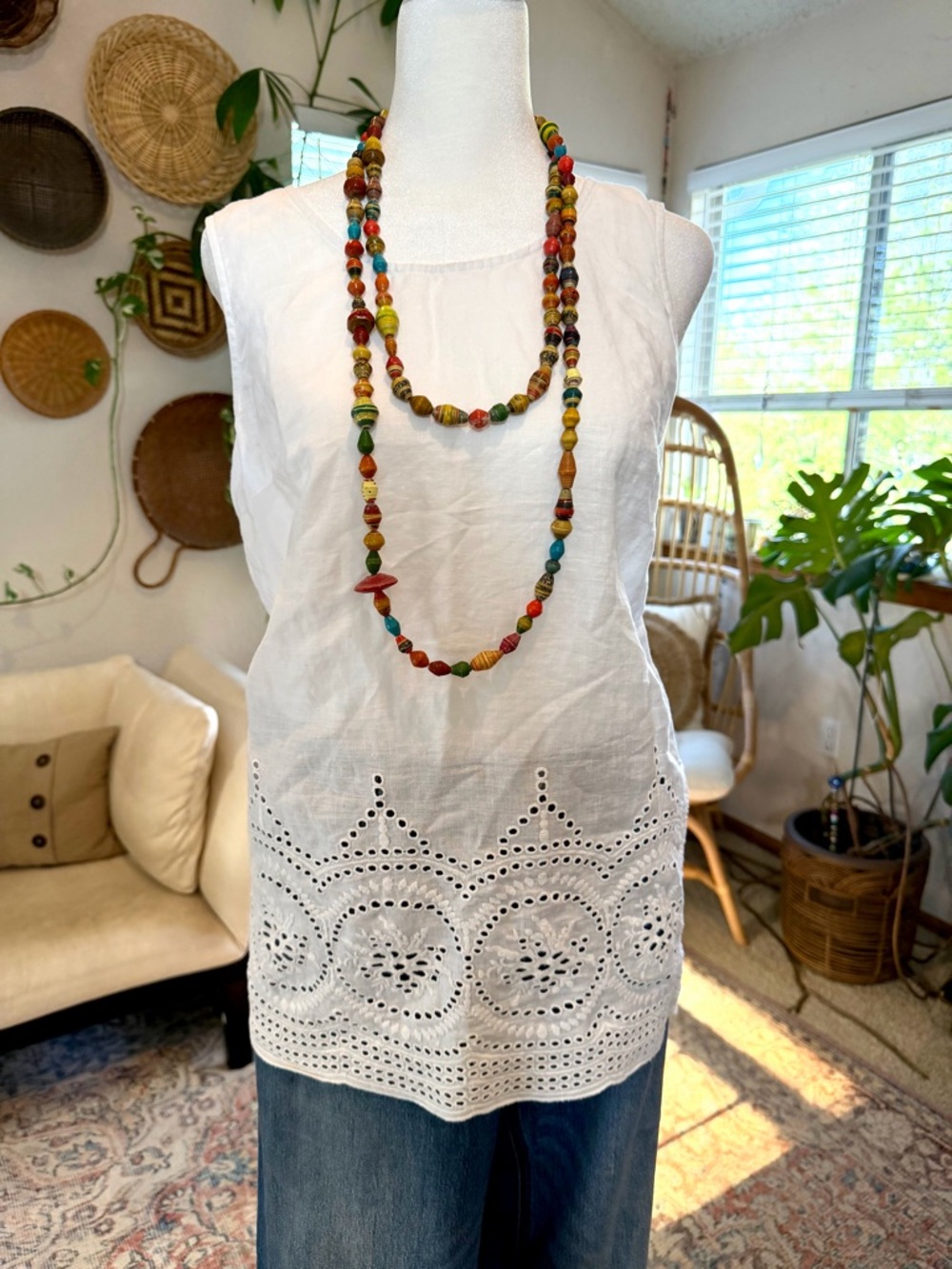 100% Linen White Eyelet Tank Sleeveless Top  Blouse Women’s L Cynthia Rowley